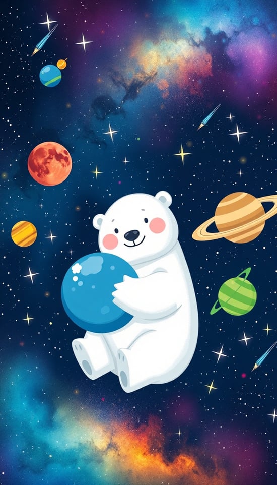 In the vastness of space, a white polar bear gently cradles the blue Earth. The polar bear has a soft, fluffy coat and is smiling amidst the twinkling stars of the universe. Surrounding it are colorful planets, including a red Mars, a green planet, and a ringed Saturn. The background is filled with nebulae and shooting stars, creating a fantastical atmosphere of the cosmos.