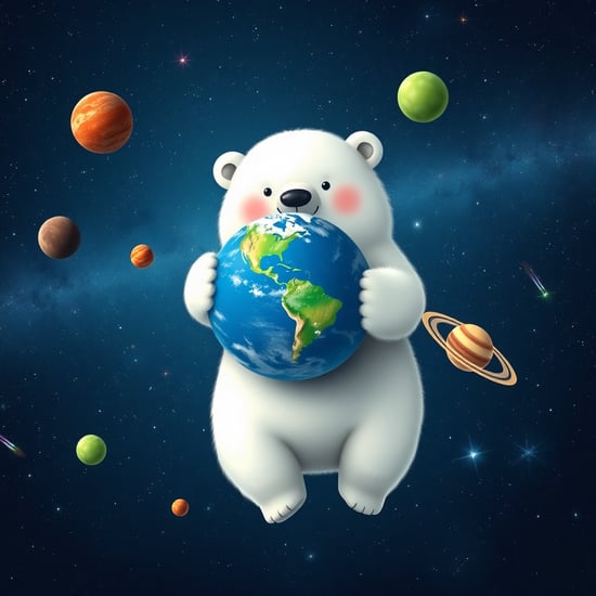 宇宙の広大な背景の中で、白いシロクマが青い地球を優しく抱えているシーン。シロクマは柔らかな毛並みを持ち、宇宙の星々が輝く中で微笑んでいる。周囲には色とりどりの惑星が浮かび、赤い火星、緑の惑星、そしてリングを持つ土星が見える。背景には星雲や流れ星が散りばめられ、幻想的な宇宙の雰囲気を醸し出している。