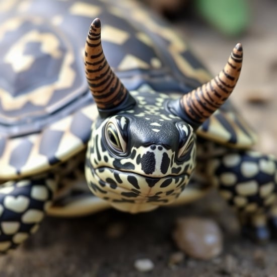 A black-and-white spotted turtle with horns on its head, real images, real scenes