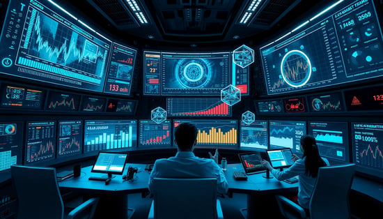 A futuristic command center with multiple holographic displays showing real-time market data, AI-generated insights, and trend visualizations, while researchers in sleek workstations interact with floating 3D graphs and charts through gesture controls.