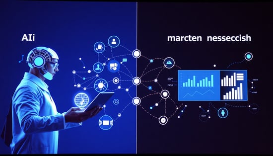 A split-screen business presentation slide showing a data analyst using AI tools on one side and traditional market research methods on the other, with flowing digital connections and data visualizations linking them together.