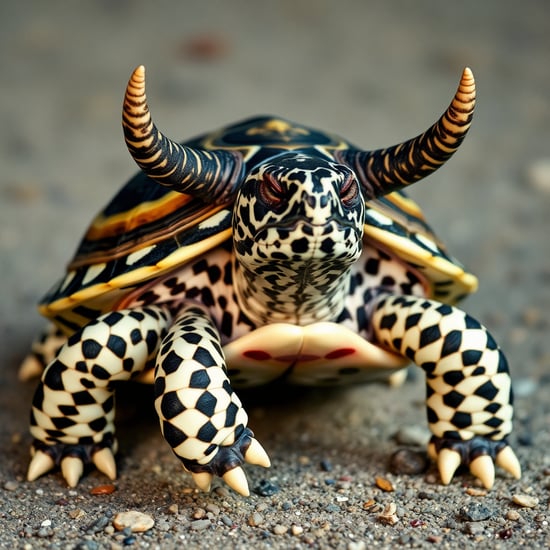 A black-and-white spotted eight-legged turtle with horns on its head, real images, real scenes