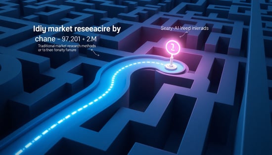 A dynamic infographic scene depicting a maze where traditional market research methods are shown as a long winding path, while an AI-powered route cuts directly through, with both paths leading to a glowing insights icon.
