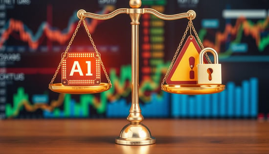 A symbolic balance scale where one side holds shining AI chips and digital analytics tools representing benefits, while the other side contains warning signs and security locks representing risks, with both sides suspended in perfect equilibrium against a backdrop of market data visualizations.