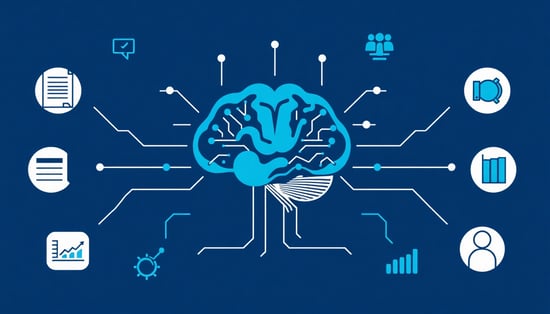 A minimalist vector graphic showing a human brain merged with circuit patterns, surrounded by market research icons like surveys, charts, and customer profiles, all in blue and white tones.