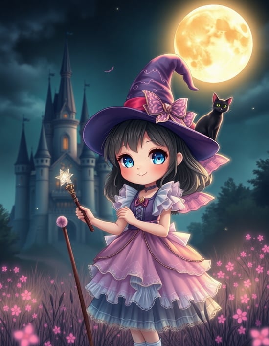 A cute magical girl with sparkling eyes, wearing a frilly witch costume, holding a magic wand, standing under a glowing full moon. A majestic castle stands in the background, with a mysterious black cat sitting on her shoulder. The scene is filled with soft pastel colors and dreamy lighting, creating a fairy tale-like atmosphere