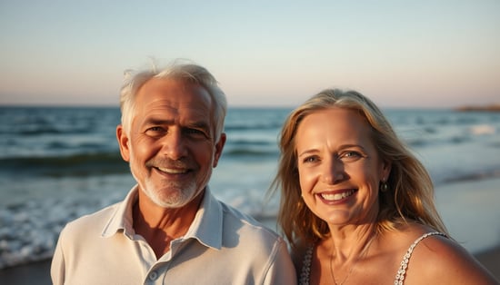A photo of a successful man and his beautiful wife, both are between 50 and 55 years old, at the beach during sunset, with gentle waves in the background and warm, golden lighting