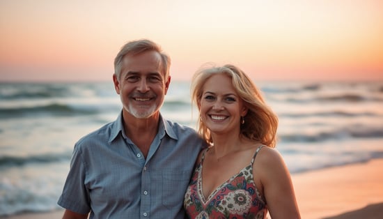 A photo of a successful man and his beautiful wife, both are between 50 and 55 years old, at the beach during sunset, with gentle waves in the background and warm, golden lighting