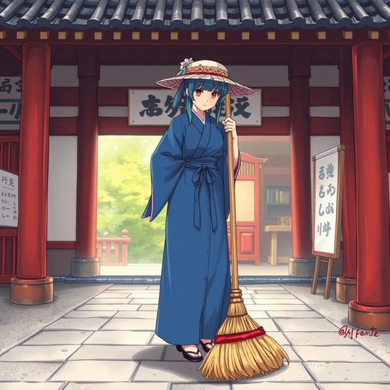 Blue shrine maiden sweeping a straw broom in the precincts of a shrine master peace anime illust.