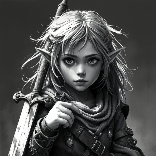 ジト目で剣を持ったエルフの幼女をモノクロで