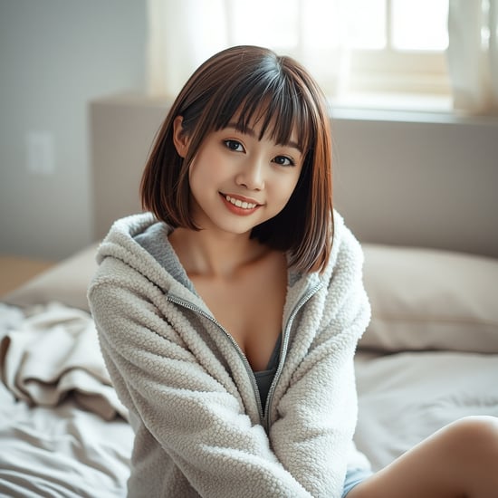 A cute young Japanese woman in her early twenties is sitting on her bed in her bedroom. She is smiling and has her hands folded behind her back. She has straight, short-length brown hair with blunt bangs framing her face. Her makeup is stylish and emphasizes her eyes with defined lashes. She is wearing a matching fluffy, consisting of a zip-up hoodie with a gray underwaer. unzipped to reveal a gray Calvin Klein sports bra and gray underwaer, The lighting is bright and natural, possibly from a nearby window, giving the scene a candid and casual indoor atmosphere. She looks directly into the camera with a composed and confident expression. softly lit and slightly blurred in motion, evoking a candid, spontaneous vibe. Her entire body is in focus, capturing a natural and dynamic moment.