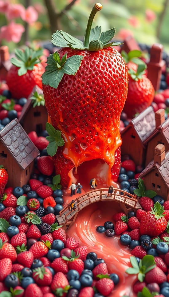 A fantasy fruit village made of strawberries, blueberries and raspberries. The houses are jam jars and the fields are covered with miniature berries. A large strawberry tower in the center has cracked, causing sweet strawberry jam to gush out like a flood. Miniature residents are evacuating across the bridge. Vivid fruit colors and realistic jam textures, soft natural lighting.