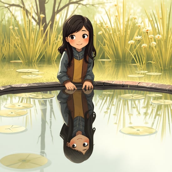 Gentle storybook style. A person looks into a pond. Their reflection shows their true self, wearing clothes they love and smiling confidently. The reflection is vibrant and happy. Peaceful, inspiring, clear reflection.