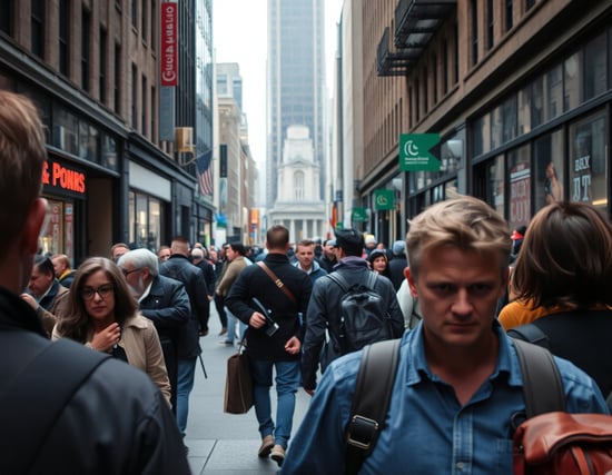 several people walking past in a crowded urban setting, viewed from a pedestrian’s point of view, some with knives partially visible, others unaware, no one facing the camera, mixed angles, natural spacing, photorealistic
