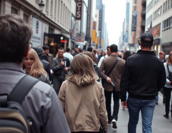 several people walking past in a crowded urban setting, viewed from a pedestrian’s point of view, some with knives partially visible, others unaware, no one facing the camera, mixed angles, natural spacing, photorealistic
