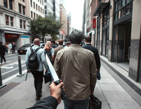first-person view on a city sidewalk, several people walking ahead, some holding knives, others walking normally, not facing the camera, back view and side view, off-center composition, natural daylight, photorealistic, urban background
