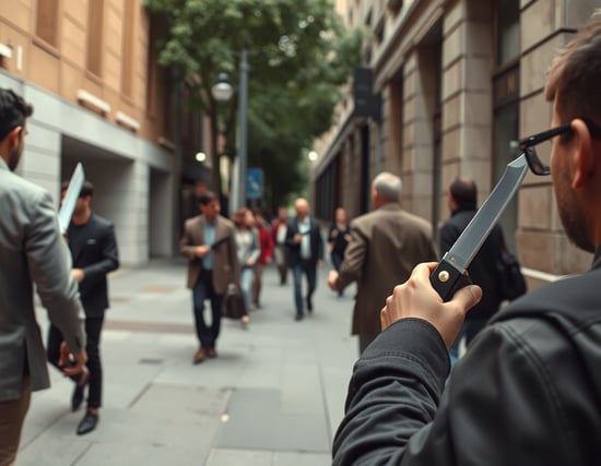 first-person view of a city street, several people walking on the sidewalk, some holding knives, others walking normally, all seen from the side, side view or profile angle, not facing the camera, natural lighting, realistic composition, photorealistic
