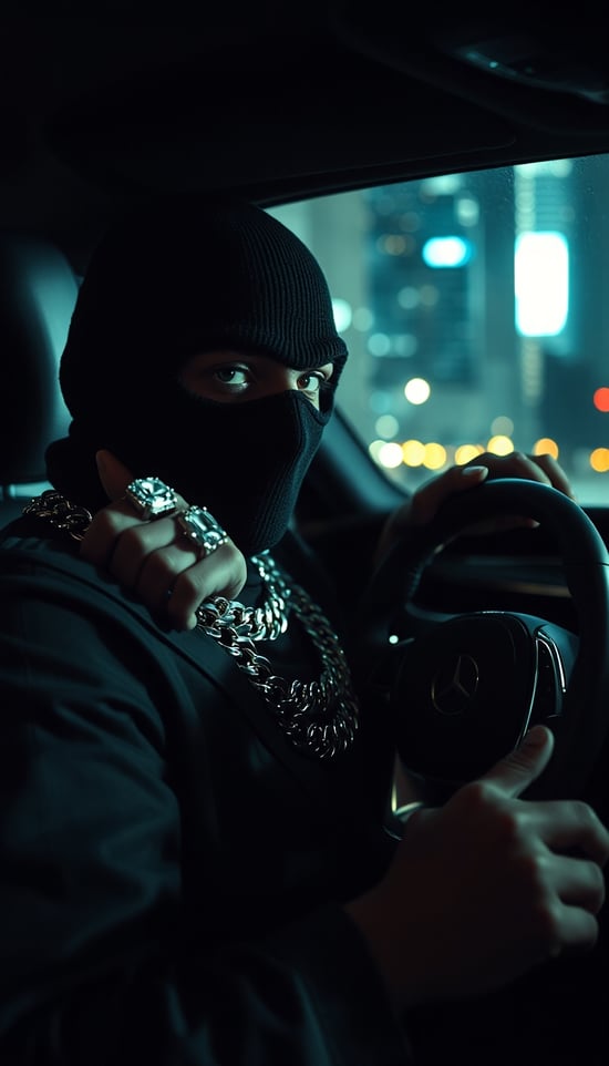 W223 Maybach driver's seat, wearing a balaclava and riding with a black man in his eyes.
	- The person is holding the steering wheel with one hand and wears a large diamond-like ring on his index finger.
	- Around his neck is a glittering 20mm class Miami Cuban chain-style necklace.
	- Face is difficult to see in the dark, emphasis on luxurious atmosphere
	- Vertical (9:16) composition with outside cityscape and interior also visible

 Professional lighting team 8k high contrast
Generate a striking fashion editorial photograph with strong conceptual impact and visual distinction. Focus on capturing a model in a powerful pose or moment that showcases both their features and the styling elements (clothing, accessories, makeup) in a compelling context. Utilize bold lighting techniques (e.g., hard shadow play, colored gels, dramatic high-key or low-key setups) and innovative composition (e.g., unconventional cropping, extreme perspectives, symmetry/asymmetry) to create a distinctive mood. Incorporate environmental elements or props that enhance the narrative. The final image should balance artistic expression with commercial appeal, conveying a specific attitude, concept, or emotional tone while maintaining the fashion focus. s223maybach to fit in.
 Behind is a high-rise apartment building