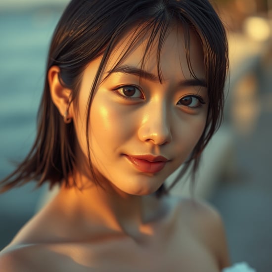 日本人女性、20代、ゴールデンアワーの照明、浅い被写界深度、ボケの背景、海の景色、夕方の光、プロの写真撮影、見る人への視線、かすかな微笑み、ナチュラルメイク、濡れた髪、露出した肩、きれいな肌、写実的、高品質、精細な顔、茶色の目、黒髪、ボブヘア、サイドパート、柔らかな照明、ブルーアワーの雰囲気、カウボーイショット、乳首